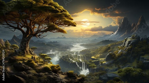 landscape of the valley in the golden rays of sunset.
Concept: nature and meditation, travel and adventure. artistic fantasy video games. travel agencies and eco photo