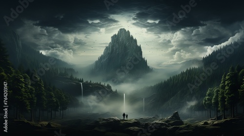 silhouettes of people and landscape of the valley
Concept: nature and meditation, travel and adventure. artistic fantasy games. travel agencies and eco