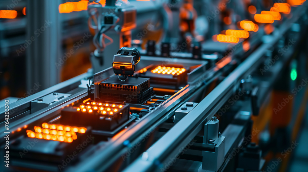 A close-up view of a mass production assembly line of electric vehicle battery cells, highlighting the precision and efficiency of modern technology. - obrazy, fototapety, plakaty 