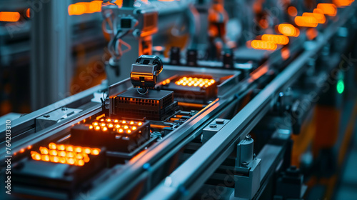 A close-up view of a mass production assembly line of electric vehicle battery cells, highlighting the precision and efficiency of modern technology.