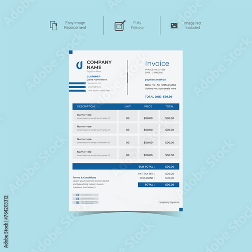 Company business clean modern and Minimal professional creative invoice Vector design template