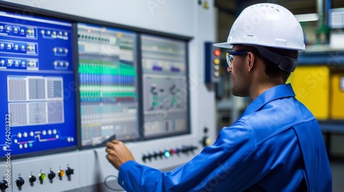 A man in a blue jacket is working on a computer monitor