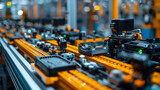 A close-up view of a mass production assembly line of electric vehicle battery cells, highlighting the precision and efficiency of modern technology.