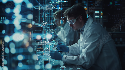 A team of scientists working together in a laboratory, conducting experiments and analyzing data, showcasing collaboration and innovation in scientific research photo