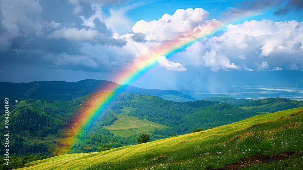 Abstract background of better days ahead with a vibrant rainbow stretching across the sky after a storm, representing hope, resilience, and the beauty of nature's wonders.