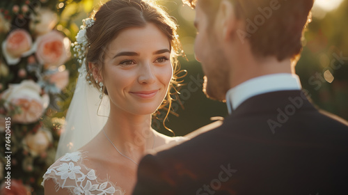 Capture the magical moment of fulfilling a lifelong dream of love and commitment with a romantic image of a bride and groom exchanging vows in a picturesque outdoor setting.