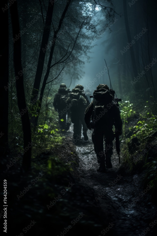 A squad of soldiers move stealthily through a dark forest at night, carefully navigating the terrain. The group is on a night patrol, moving quietly and cautiously through the dense vegetation
