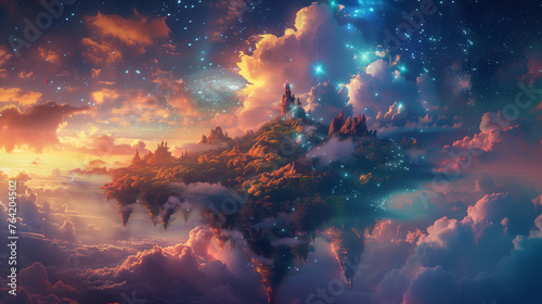 an enchanting realm with a surreal landscape featuring floating islands  colorful clouds  and shimmering stars  evoking the whimsical nature of dreams.