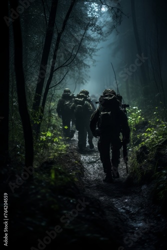 A squad of soldiers move stealthily through a dark forest at night, carefully navigating the terrain. The group is on a night patrol, moving quietly and cautiously through the dense vegetation