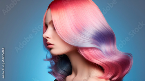 A woman with vibrant pink and purple hair styled in a long length. She stands confidently, showcasing her colorful hair. Banner. Copy space