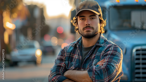  young male truck driver standing confidently in front of his truck, arms crossed and wearing a hat, symbolizing the resilience of the transportation industry