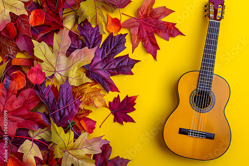 Guitar resting against an autumnal backdrop  blending the worlds of music and nature in a harmonious composition