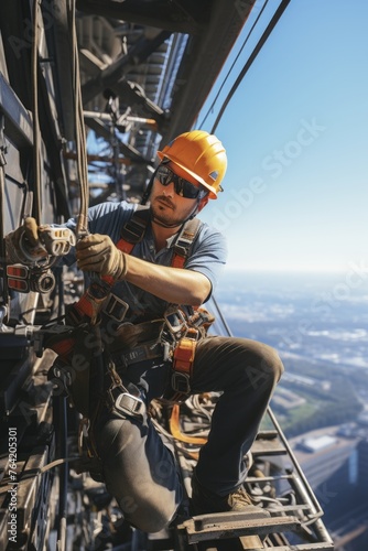 A man is scaling the side of a high-rise building using industrial rope access techniques. He is secured with safety equipment as he ascends the vertical surface of the structure