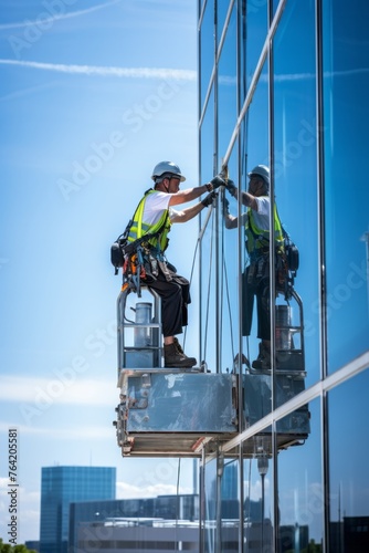 Two men are positioned on a lift, working on the side of a building. They are fitting glass panels into the facade to enhance its exterior appearance