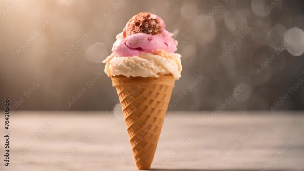 a layered ice cream cone with strawberry and vanilla flavors, sprinkled with cookie crumbles. a layered ice cream cone with strawberry and vanilla flavors, sprinkled with cookie crumbles.