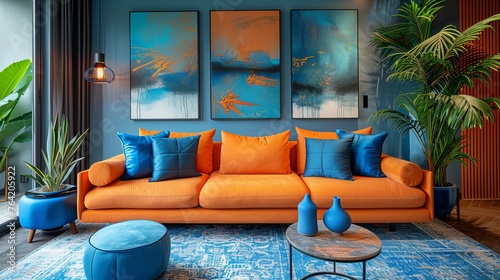 This modern interior flaunts a striking orange sofa against a blue-themed backdrop