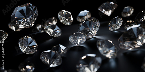 Cut diamonds of different sizes sparkle under the lamps on black velvet.