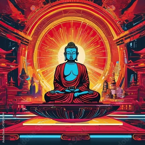The image a Buddha in a cyberpunk style, surrounded by neon light that creates the illusion of a seamless fusion between man and machine.