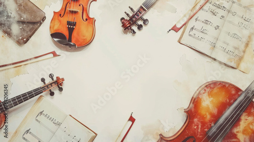 Various musical instruments, including a guitar, violin, flute, drum, arranged neatly on top of a wooden table. Musical Background. A festive festival. Concerts and Philharmonic. Banner. Copy space