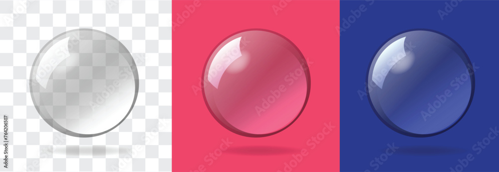 Glass ball vector, realistic water soap bubble transparent graphic illustration set, 3d orb sphere glossy shine with reflection round circle element isolated on white red blue background