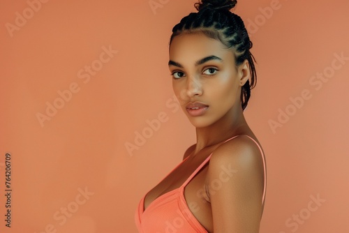 Portrait of a beautiful African American young woman looking at camera against a orange background