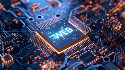A close-up view with the acronym WEB displayed on a microchip  representing the concept of  the World Wide Web.  