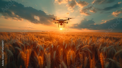 A black drone hovers over a golden wheat field in the rays of the setting sun.
Concept: technologies in agriculture, the use of drones in agricultural technology and for crop monitoring. photo