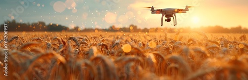 A black drone hovers over a golden wheat field in the rays of the setting sun. Concept: technologies in agriculture, the use of drones in agricultural technology and for crop monitoring.