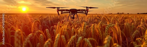 A black drone hovers over a golden wheat field in the rays of the setting sun.
Concept: technologies in agriculture, the use of drones in agricultural technology and for crop monitoring. photo