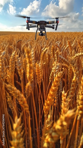 A black drone hovers over a golden wheat field in the rays of the setting sun.
Concept: technologies in agriculture, the use of drones in agricultural technology and for crop monitoring. photo