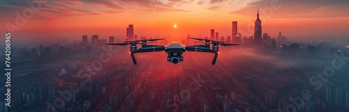 A drone flies over a busy cityscape illuminated by the last rays of the setting sun.
Concept: drones for urban planning, real estate and monitoring. technological and innovative