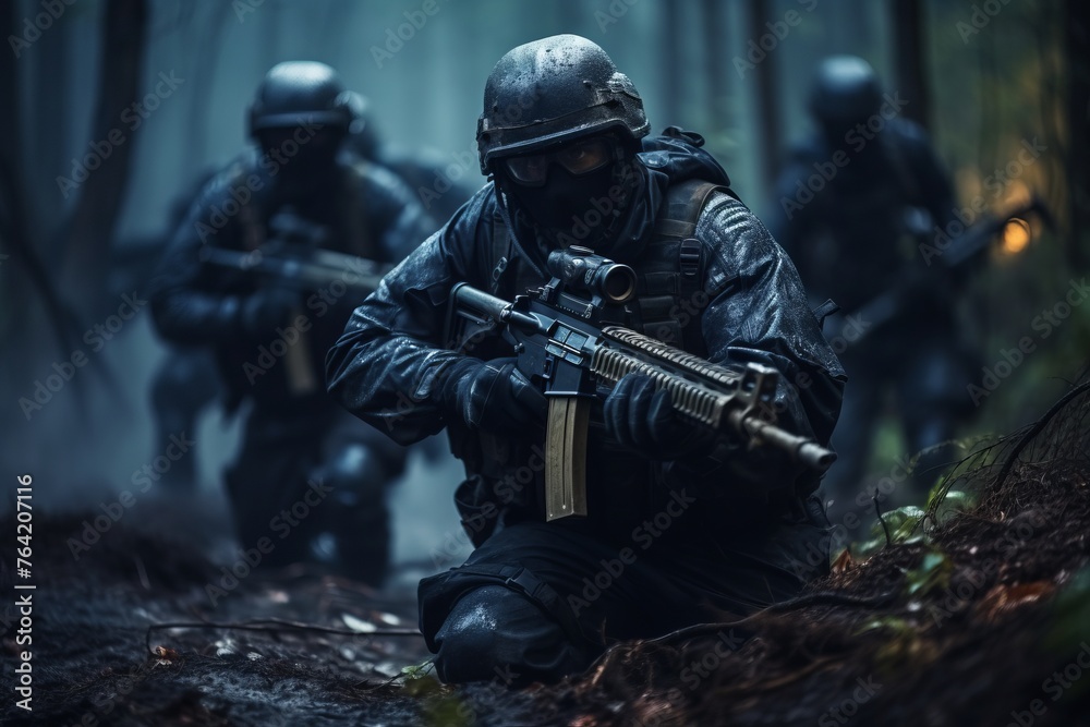 A group of elite soldiers, armed and camouflaged, conducting a rapid extraction operation in a dense wooded area. They move stealthily through the trees, staying alert for any potential threats