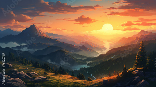 Sunset in summer mountains landscape. #764207117