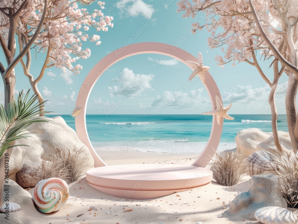 3D render natural beauty pink podium, for product display with beach view