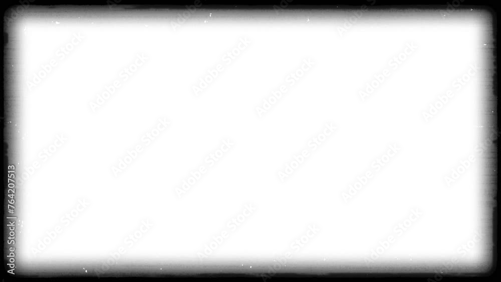 Retro black frame of old movie with fibers and grain on grey error lines background. Damage to the old film frame on a gray with grain and damage background. VHS film tv frame old film effect