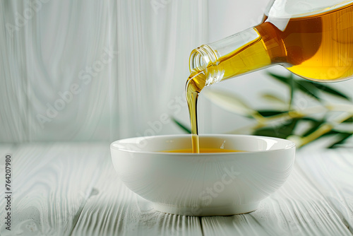 Bottle pouring virgin olive oil in a bowl on wooden table