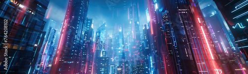 Background of lights. Ultra modern city with 3D holograms, data and connectivity concept. © michalsen