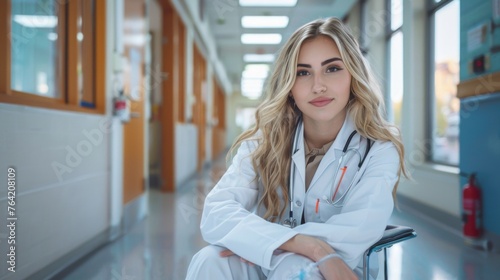 professional photograph beautiful 25-year-old blonde woman sitting chair hospital facing camera eye level wearing medical scrubs lab coat healthcare nurse doctor young attractive female portrait blond © boba