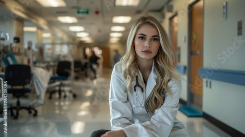 professional photograph beautiful 25-year-old blonde woman sitting chair hospital facing camera eye level wearing medical scrubs lab coat healthcare nurse doctor young attractive female portrait blond