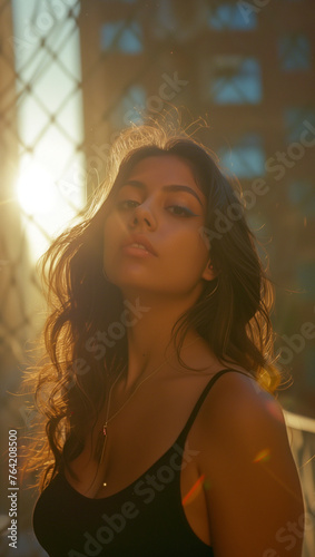 Portrait of a beautiful young latina model woman at sunset standing urban setting bathing in golden sunlight. Shot on expired slide film.