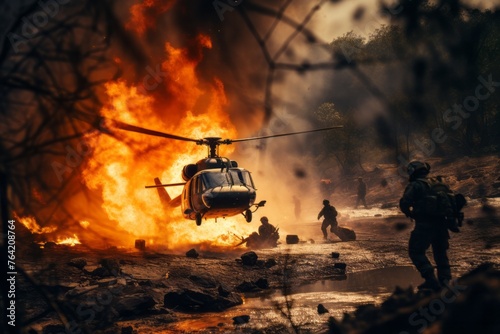 A helicopter is seen flying over a raging fire, possibly on a firefighting mission or providing support to firefighters on the ground. The flames below are intense, with smoke billowing into the sky