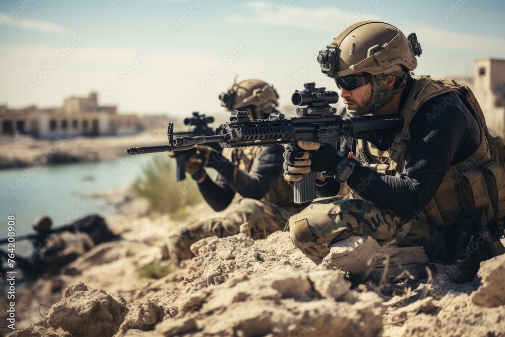 A group of special forces operatives are shown in the midst of setting up a sniper position. They are armed with guns, focused and prepared for the task at hand A group of special forces operatives are shown in the midst of setting up a sniper position. They are armed with guns, focused and prepared for the task at hand
