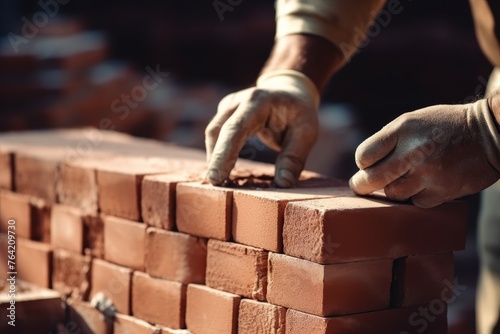 Professional male builder constructing a red brick wall with trowel and brick in hand photo