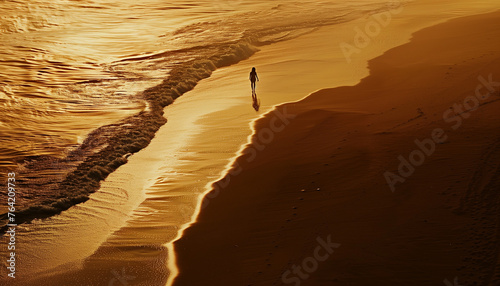 An aerial view of a silhouette of a person walking on a beautiful beach in sunset