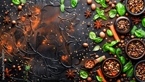 Collection of spices and ingredients on a dark background, showcasing the richness of culinary diversity