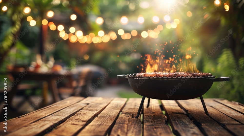Grill with meat on it is on wooden table Grill with meat on it is on wooden table