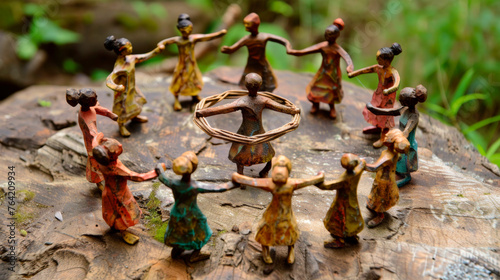 Several small figurines are clustered together on a tree stump in a non-descript setting. Friendship of Nations. International relations. National traditions and customs. Banner