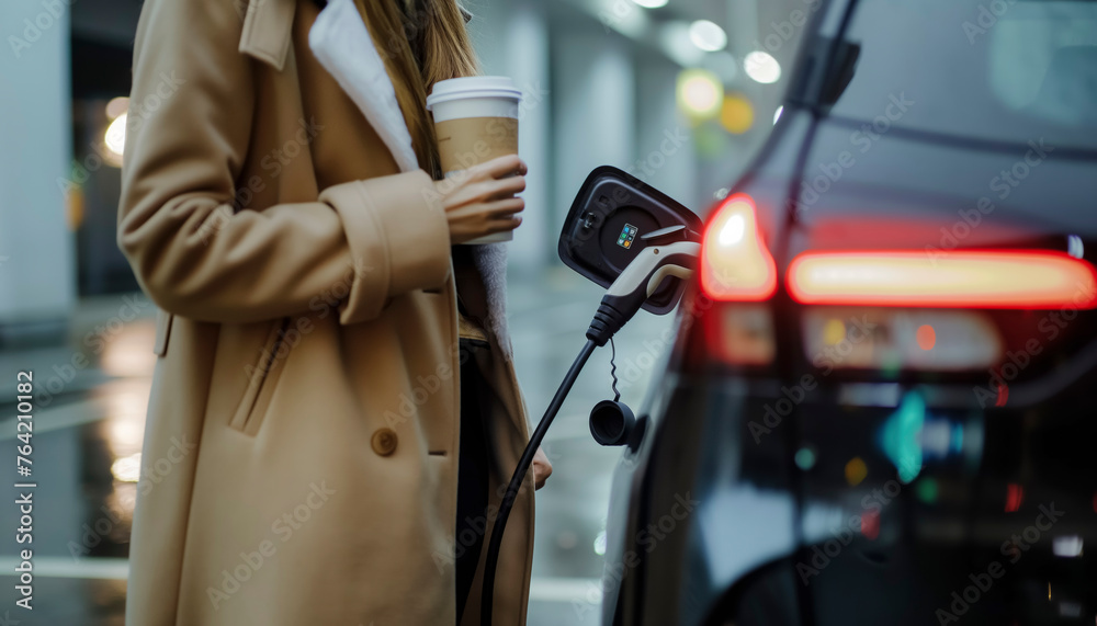 businesswoman holding cup of coffee while charging car at electric vehicle charging station, A woman in a coat is charging her electric car. The car is parked next to a black car - obrazy, fototapety, plakaty 