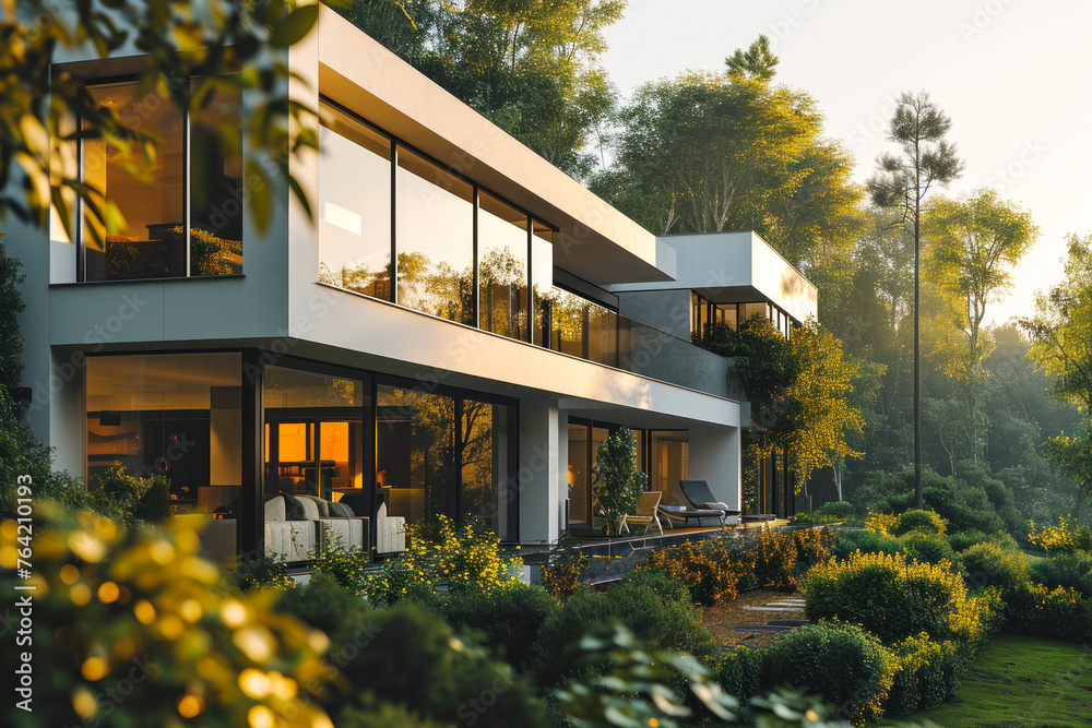 Modern House Exterior at Sunset in Forest.
