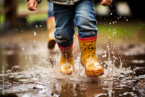 Child Splashing in Puddle with Yellow Boots.